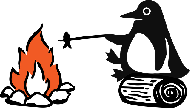 Penguin sitting by a campfire