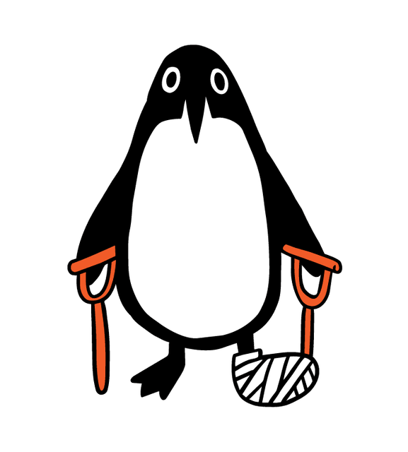 Penguin on crutches with a bandaged foot