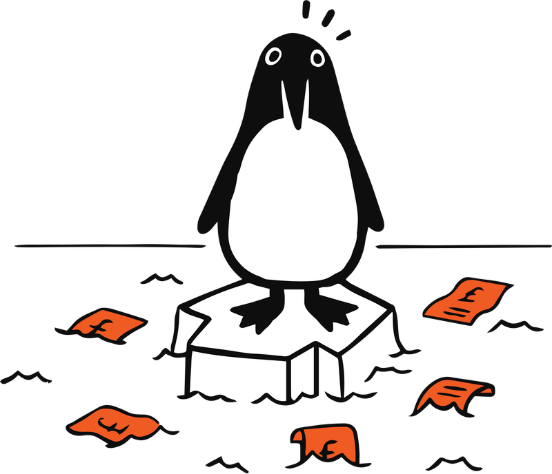 Penguin surrounded by bills