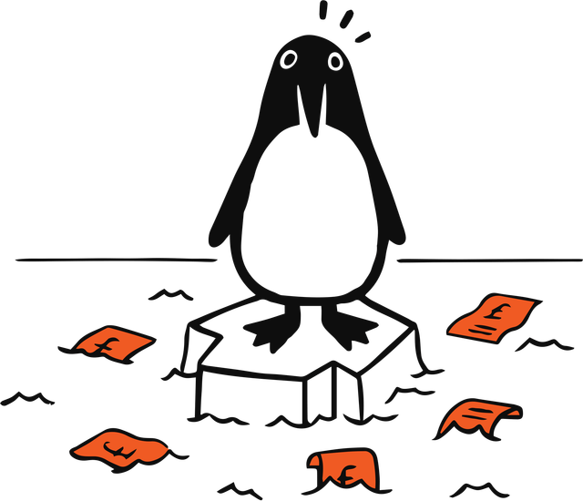 Penguin surrounded by bills