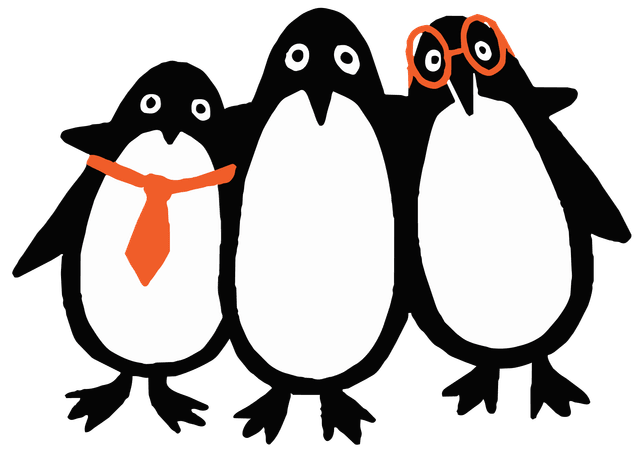 Three penguins in a group hug