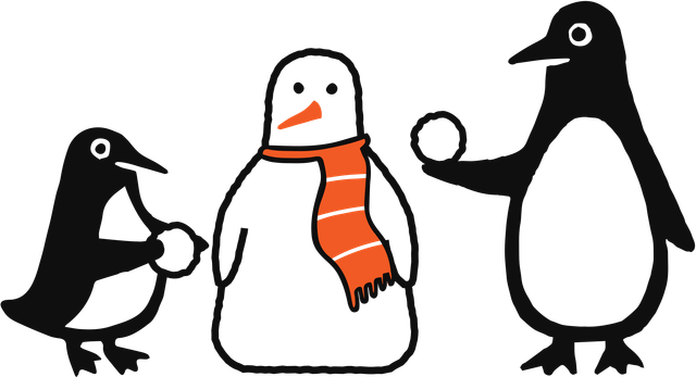 Penguins building a snowman